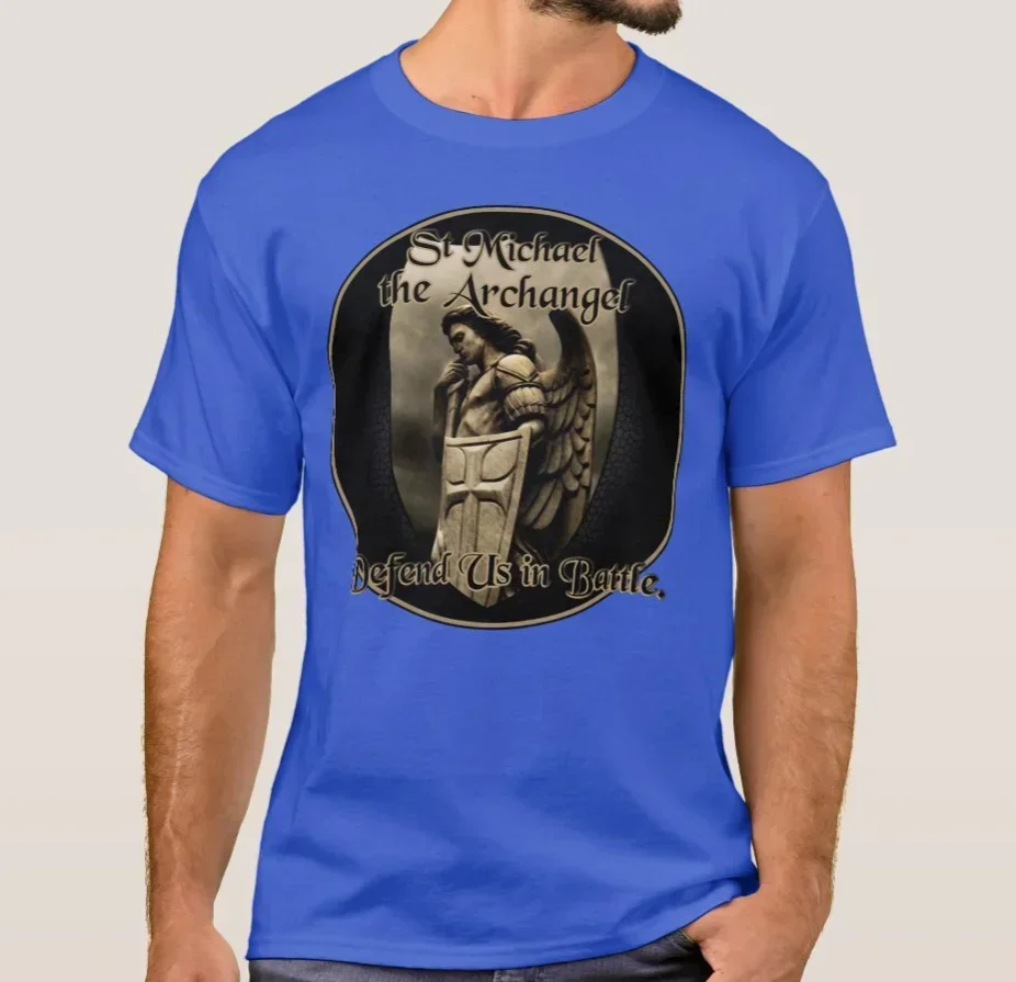 St Michael The Archangel Defend Us in Battle T-Shirt 100% Cotton O-Neck Summer Short Sleeve Casual Mens T-shirt Size S-3XL