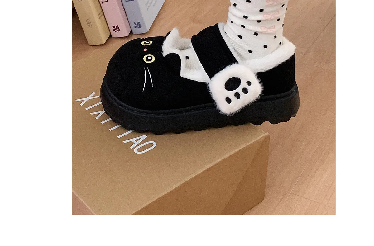 Neue schwarze flauschige Katzenpantoffeln für Damen, bezaubernde Tier-Schuhe, flauschige Hausschuhe, Damen-Winter-Plüsch-Mary-Jane-Slipper. – Detail 18