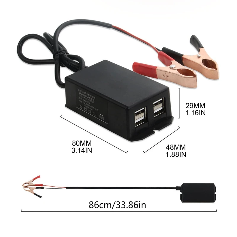 for DC Power Adapter with Battery Clip 12V Vehicle USB Charger for Cellphone 4 Ports Automatically Identify Shunt Chargi