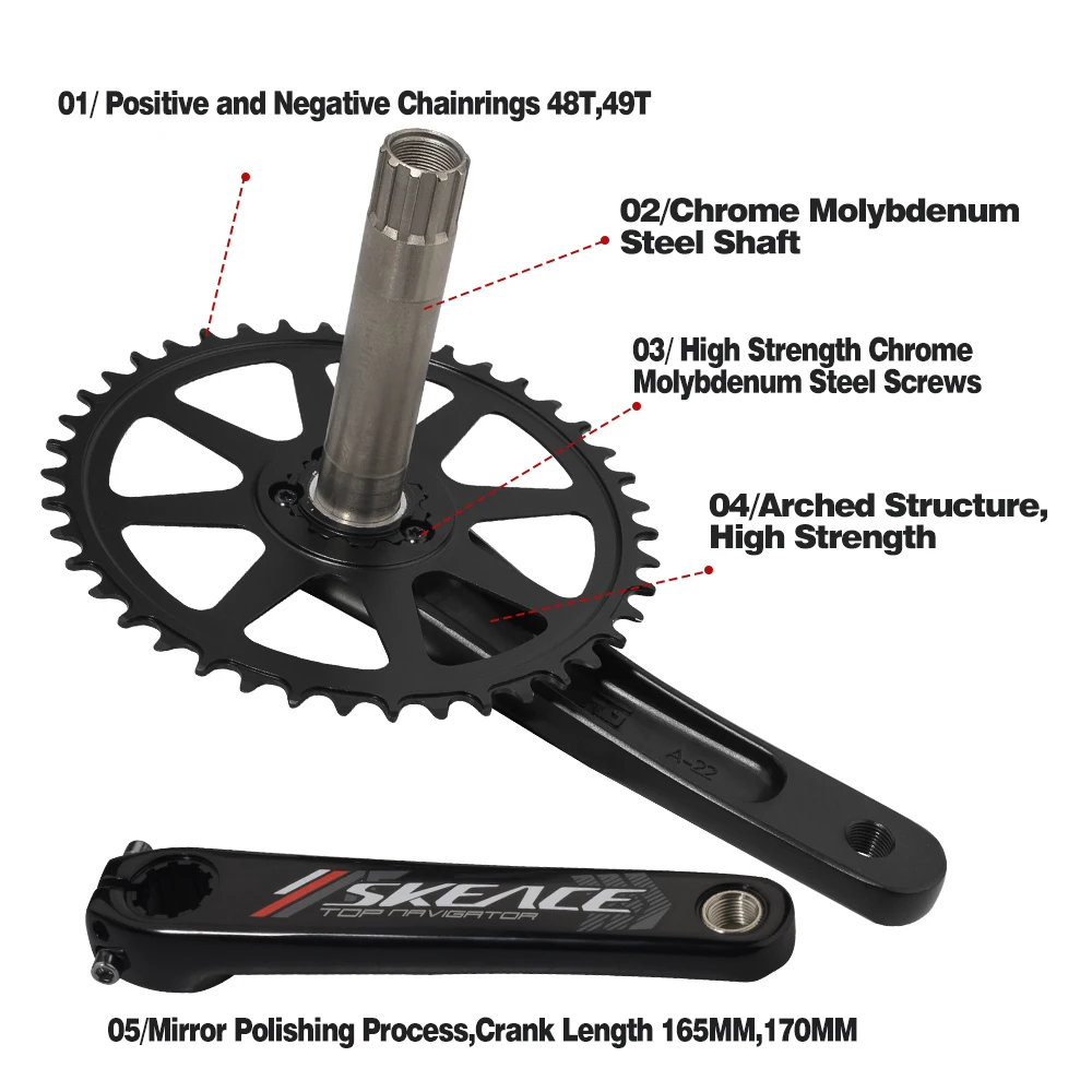 SKEACE Track Bike Crankset, 165mm 48T Fixed Gear, Round Fixie Crank for Bicycle Aluminium Alloy 144BCD Single Speed Chainwheel view 2