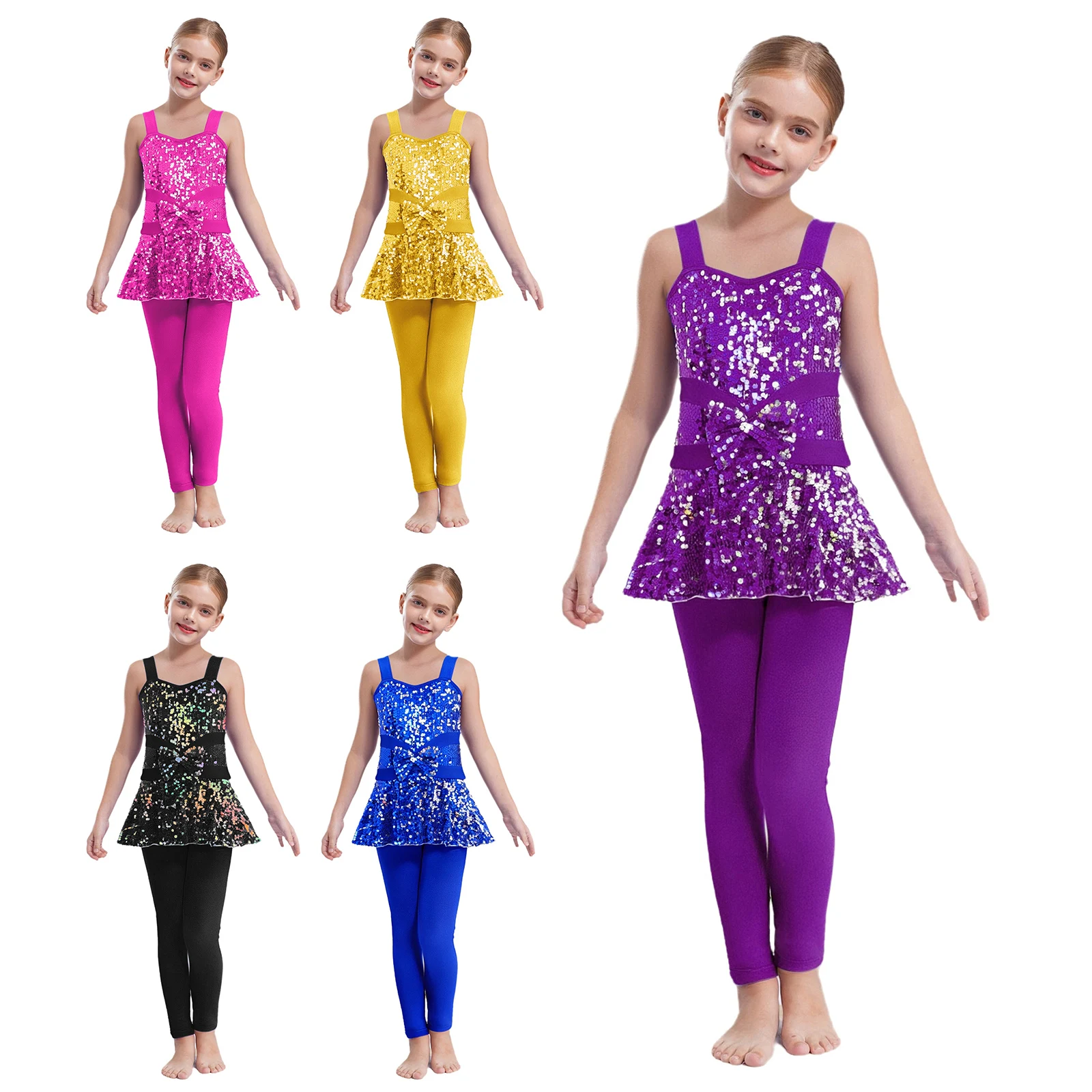 Enfants filles Jazz danse body sans manches paillettes brillantes Peplum combinaison justaucorps Ballet patinage gymnastique Performance Dancewear