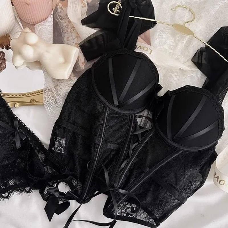 Sweet Sexy Lace Lingerie Bra Set Fishbone Corset Spicy Girl Thin Strap Gathered Type Women\'s Underwear