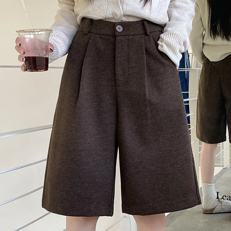 

Карамельно-коричневые шерстяные широкие брюки, женская осенне-зимняя верхняя одежда с высокой талией, длина пять четвертей, удобные брюки для поездок на работу