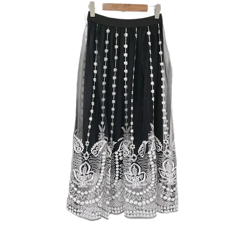 2025 Early Autumn Polyester Floral Embroidered Mesh Midi Skirt skirts for women y2k skirt