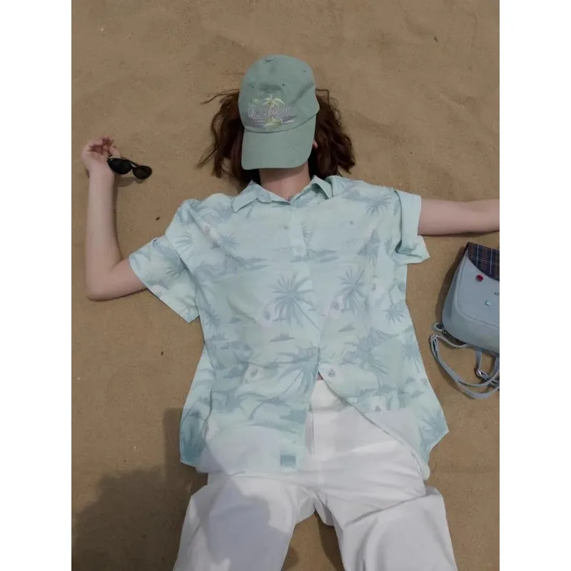 

Мужская летняя рубашка с коротким рукавом в гавайском стиле, с воротником-стойкой, принтом пальм, пляжная, повседневная, на пуговицах