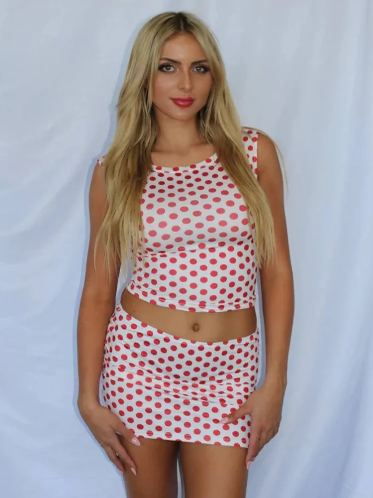 Absobe Polka Dot Printed Off One Shoulder Tank Top Mini Skirt Set Women Slash Neck Crop Vest Short Skirt Suit Hottie Y2K Outfit