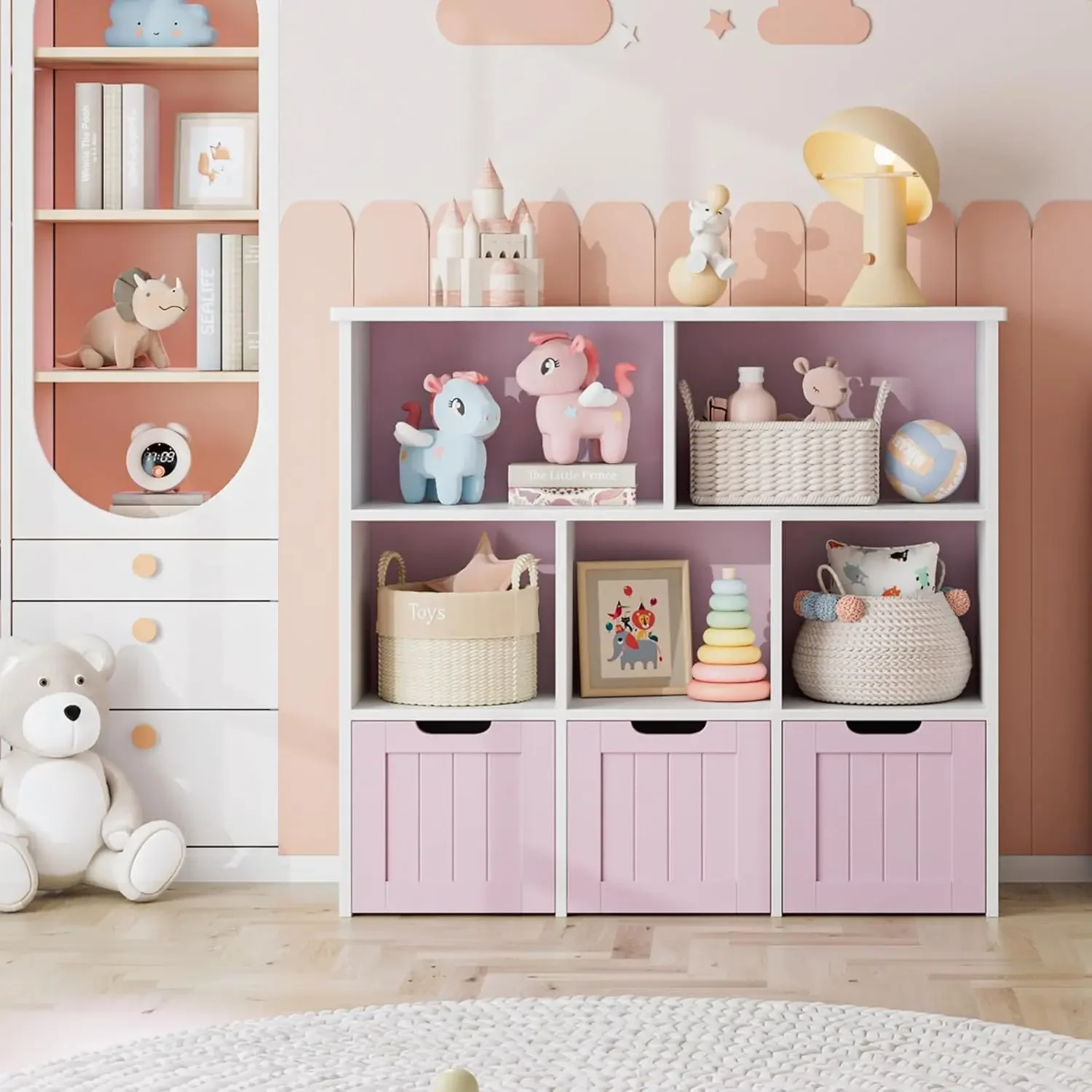 Toy Storage Organizer with 3 Movable Drawers, Floor Storage Cabinet Toy Chest with Hidden Wheels and 5 Storage ,