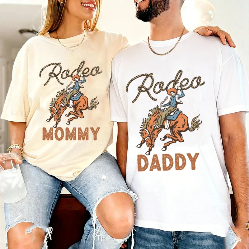 

Matching Couple T-Shirts Rodeo Daddy Mommy Printed Tees Women Men Short Sleeve Husband Wife Lover Outfits for Anniversary Gifts
