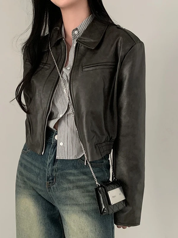 

Retro Distred Loose Slimming Motorcycle Sle PU Leather Jaet Women's Top High-End Hong Kong Sle ort Outerwear