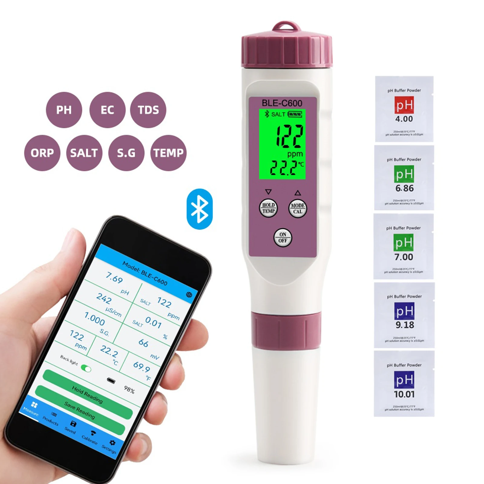 

Mobile APP Data Water Quality Detector PH/EC/TDS/ORP/SALT/S.G/TEMP 7 In 1 Water Quality Testing Pen Measuring Conductivity