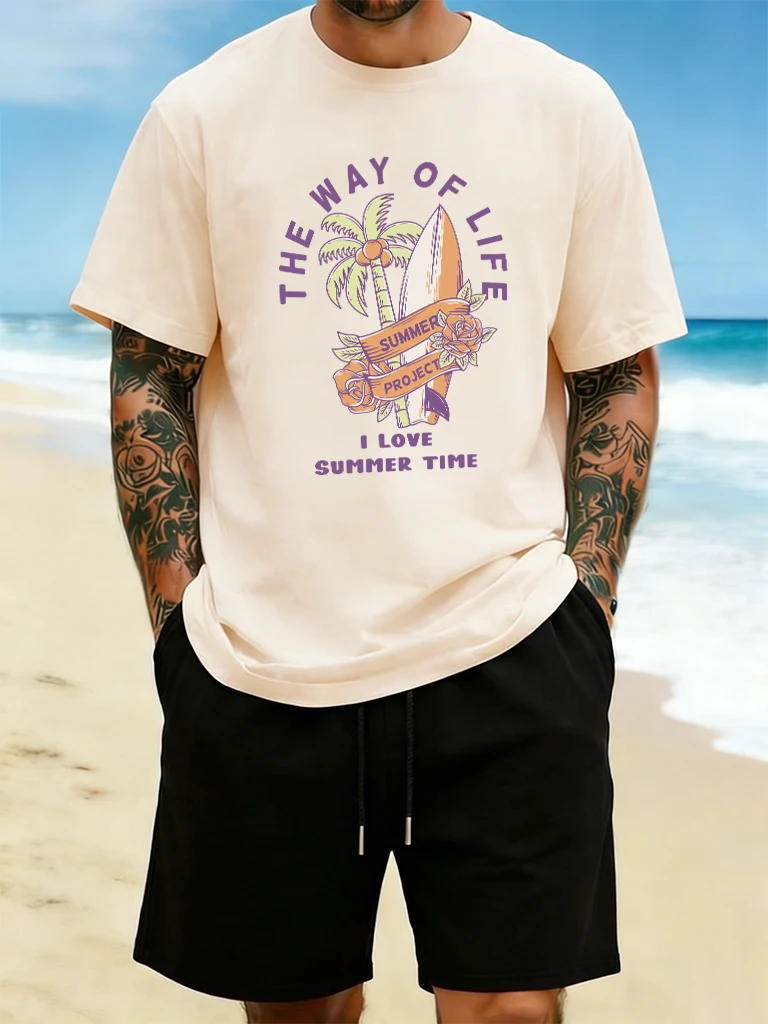 The Way Of Life I Love Summer Time Design Herren-Klassiker-T-Shirts, Basic-T-Shirt mit O-Ausschnitt, Baumwolle, lockere Kleidung, Street-Hip-Hop-Sportbekleidung