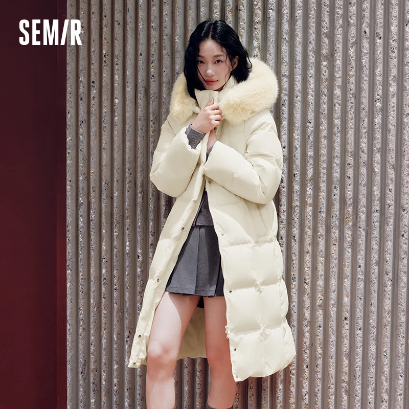 Semir Women Down Jacket Long Length Hooded Detachable Plush Collar 90 Percent Down Fill Water Repellent Windproof 2026 New