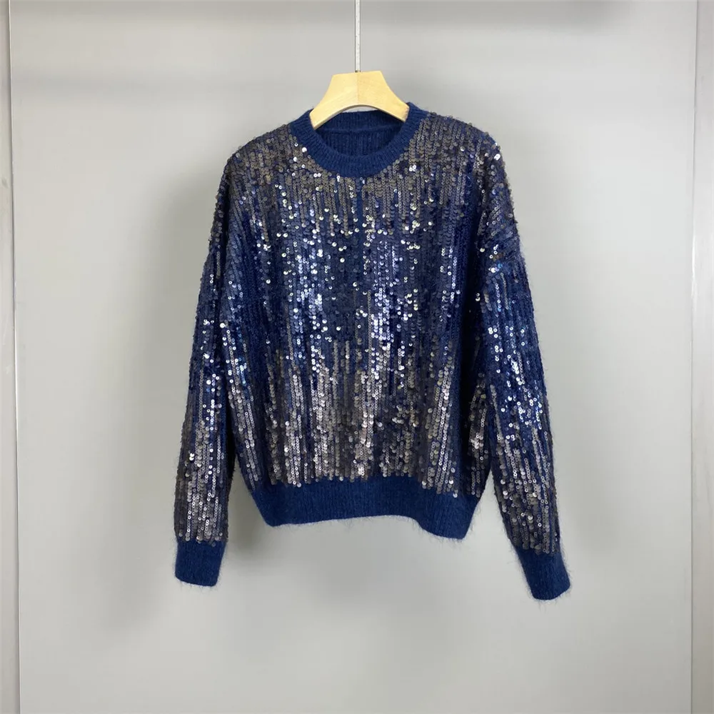 25 الخريف والشتاء جديد الراقية الجودة الصناعة الثقيلة التدرج الترتر الحصان الصوف مزيج بلوزة كاجوال