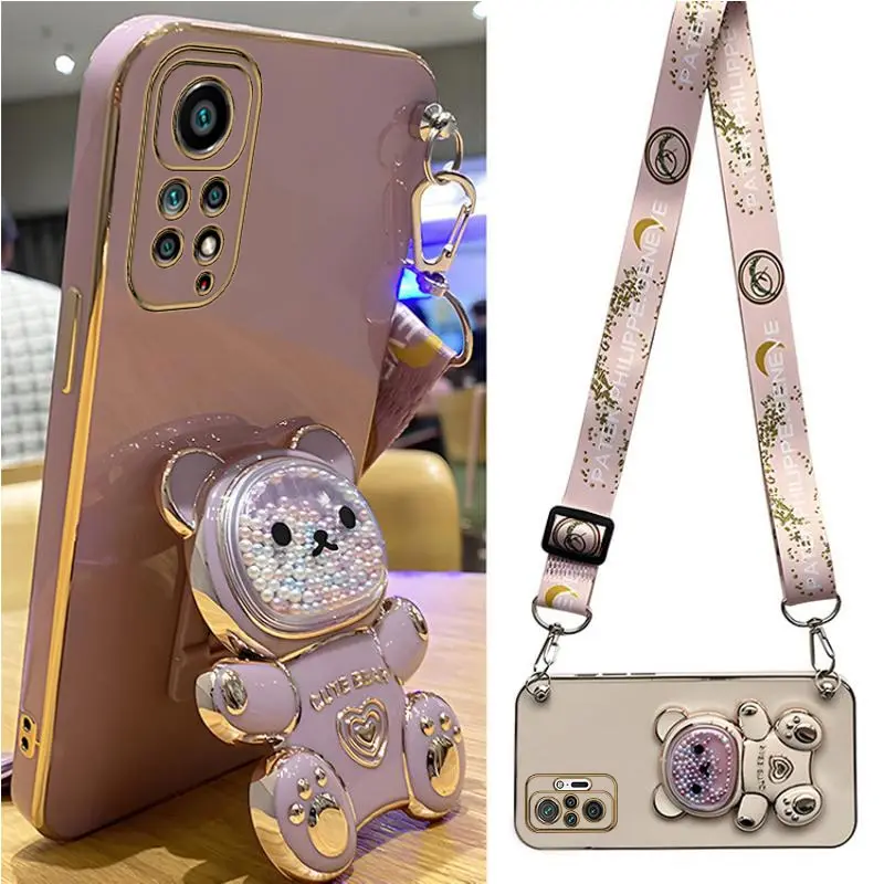 Quicksand Bear Holder Lanyard Phone Case For Xiaomi Redmi Note 11 8 12 10 9 Pro Max 10 5G 10s 11s 9A 9T 9C Nfc Strap Stand Cover