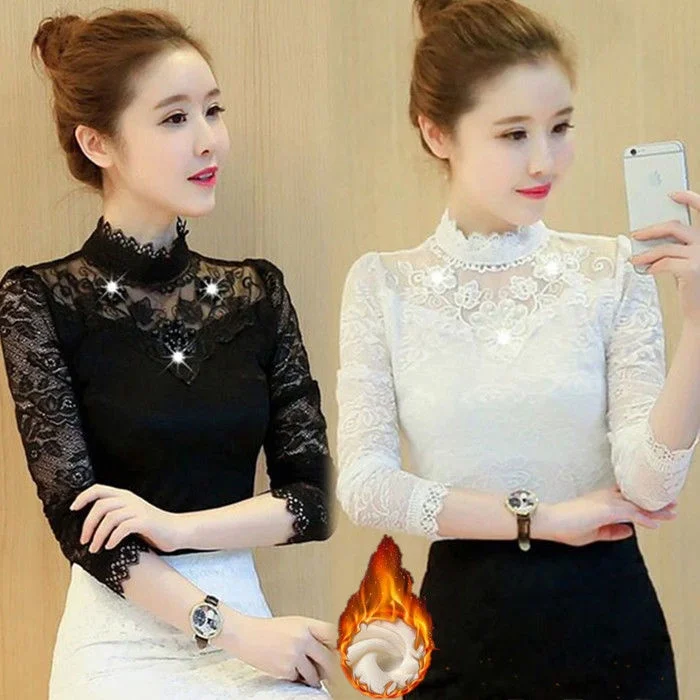 

Warm Long Sve Lace Base irt Non-Fce Large Size Slimming Base T-irt Autumn Winter New Sle Women's Faion Top