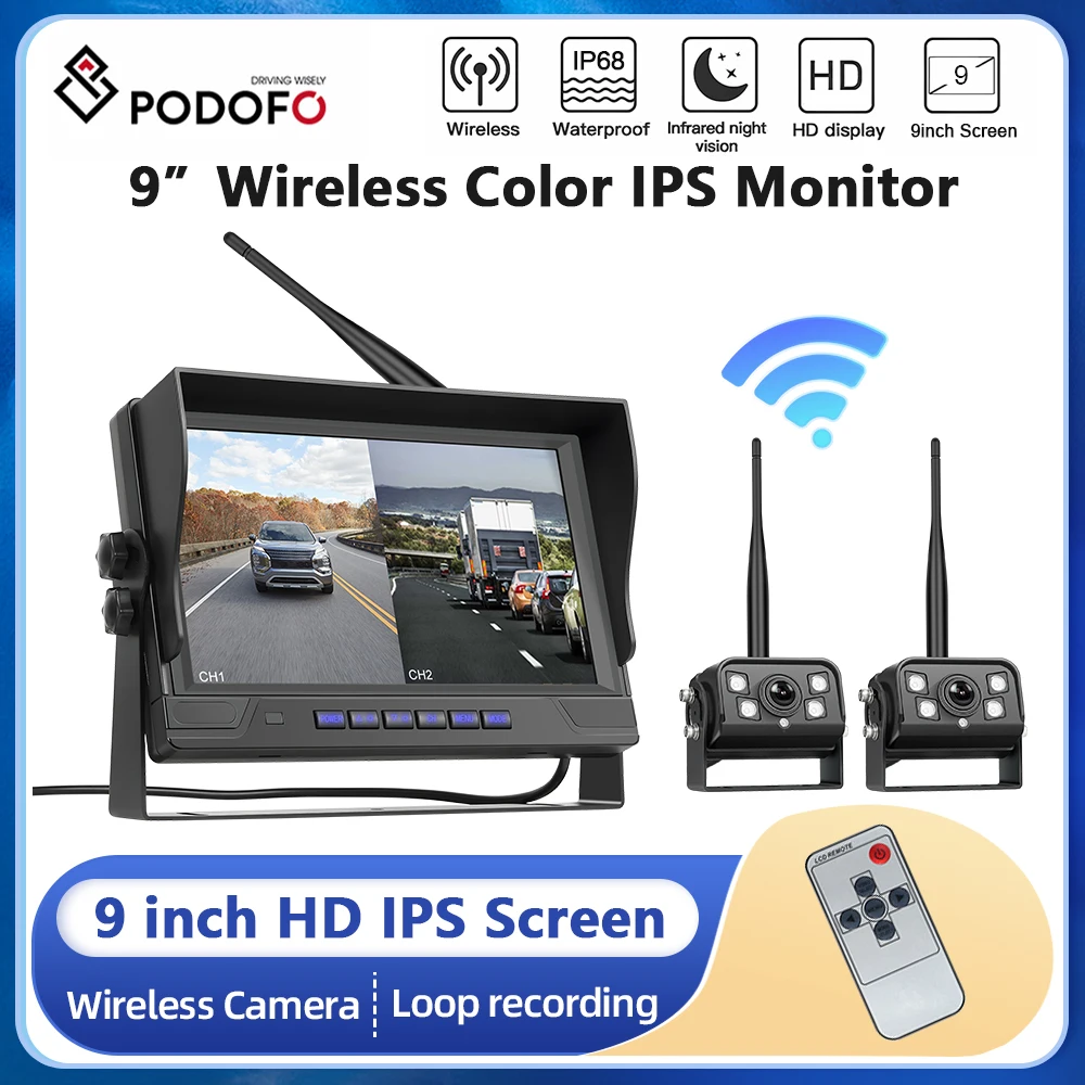 Podofo 9” Backup Monitor IPS Screen Wireless Rear Camera Anti-interference IP68 Waterproof with 2 cameras BSD For Truck Rear Cam