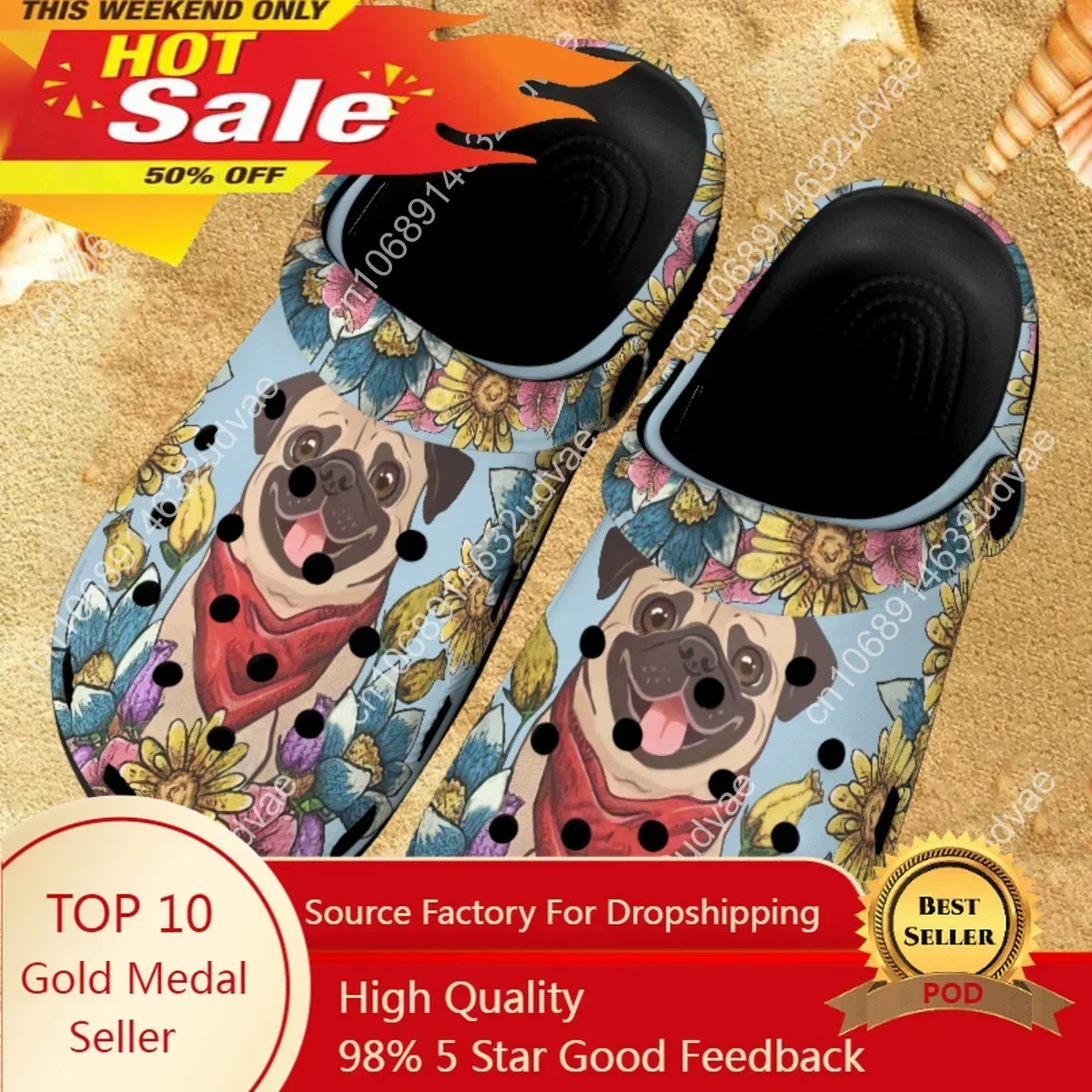 

Cute Pug Dog Pattern Fashion Women’s Sandals Outdoor and Indoor Casual Girls Home Slippers Bathroom Anti-slip Beach Slides Woman