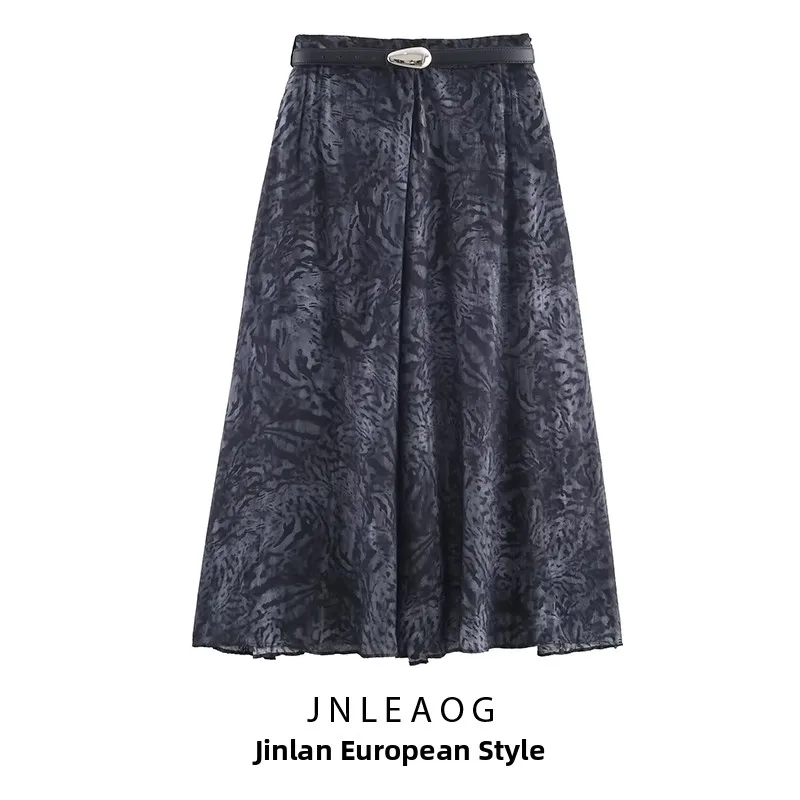 

Faionable Versatile Women's Midi Skirt with Belt Print JNLEAOG Autumn New Sle Ladies' Casual Stand Fit Polyester Skirt