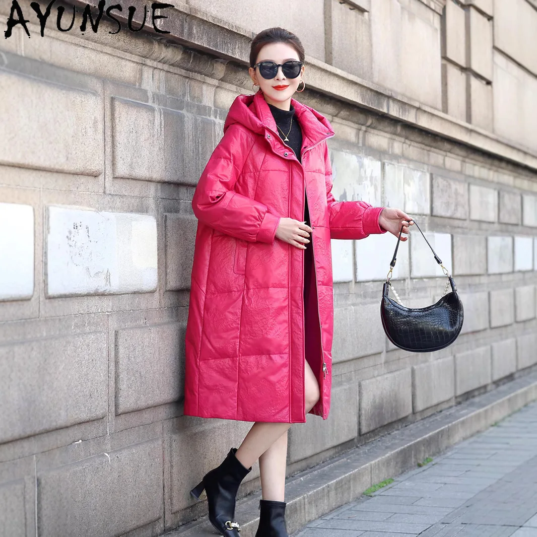 AYUNSUE Echte Schaffell Echtes Leder Jacke Frauen Winter Kleidung 90 % Weiße Ente Unten Damen Mantel 2025 Hoodie Neu in Outer