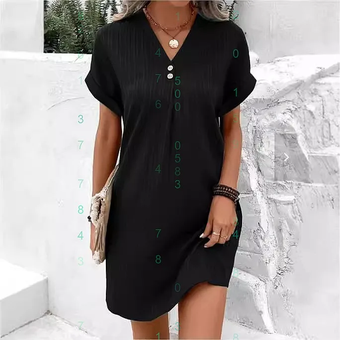 

Women V Neck Button Down Casual Dress Dresses Spring Summer Solid Color Pullover Comfortable Jumpsuit