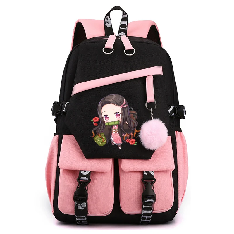 Kamado Nezuko Demon Slayer USB Backpack Laptop Lightweight Patchwork Backpack Women Men Rucksack Travel Bag Mochilas