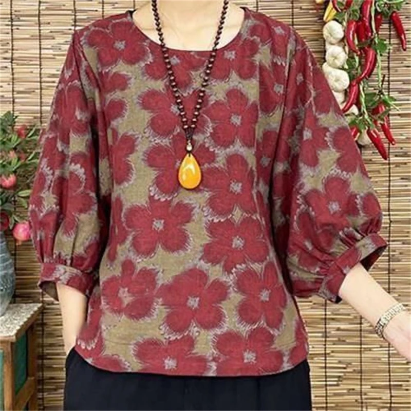 Women Vintage Ethnic Style Print Cotton Linen Blouse Casual Round Neck Three Quarter Sleeve Loose Tops Harajuku Blusas Femininas