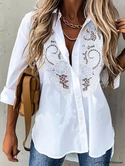 Fashion England Style Solid Lace Shirts Women Office Lady Long Sleeved Chiffon Blouses Hollow Out Elegant Pullovers Tops