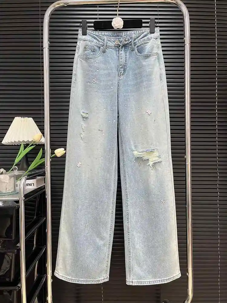 

Women's Pocket Diamond Jeans Retro High Waisted Zipper Loose Ripped Pants Summer Casual Versatile Light Straight Leg Trousers