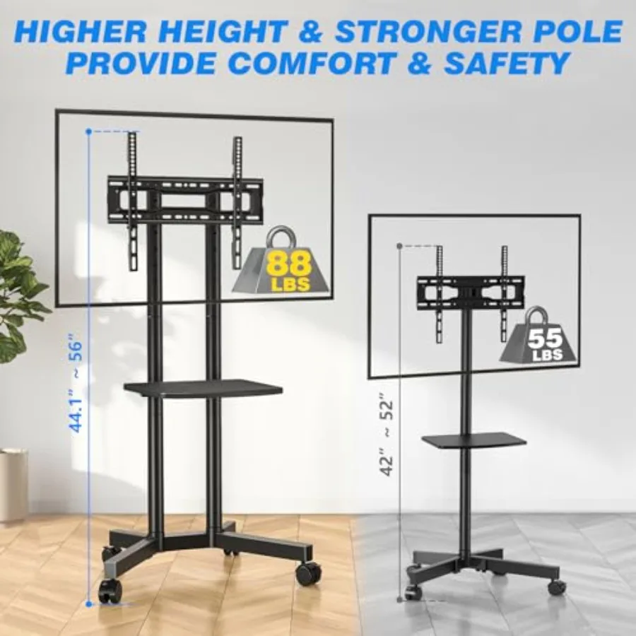 حامل تلفزيون متحرك مع رف كمبيوتر محمول وحامل تلفزيون متنقل مع عجلات مطورة لأجهزة التلفاز مقاس 3275 بوصة وعربة تلفزيون متنقلة قابلة للتعديل