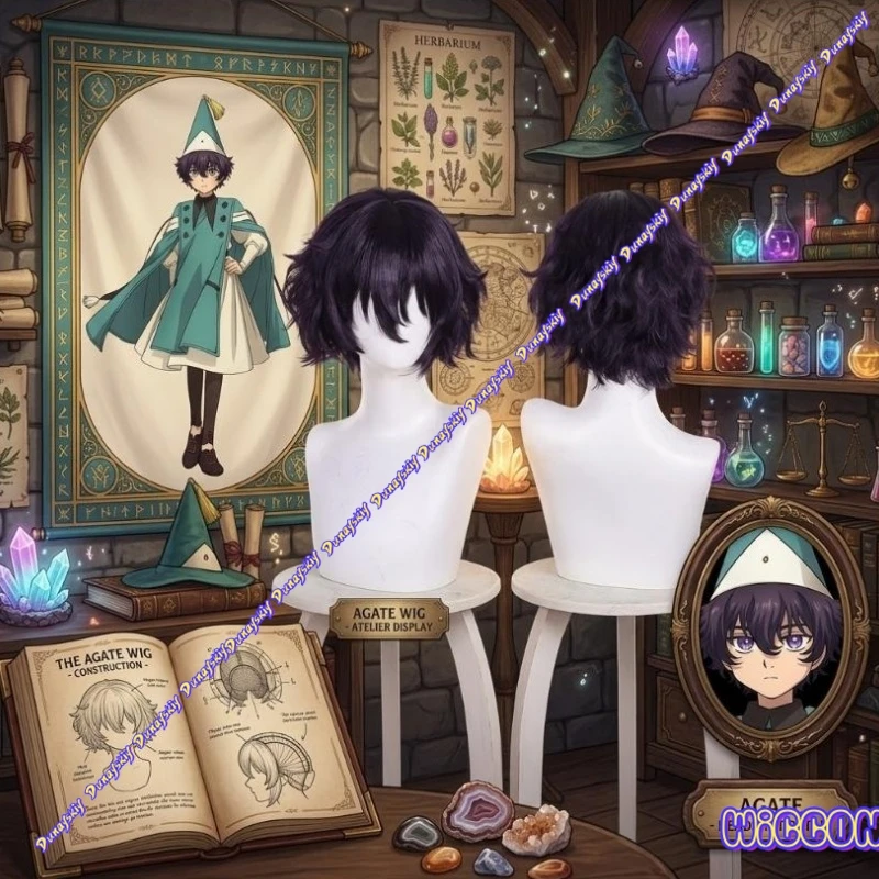 

Agott Arklaum Short Cosplay Wig Black Purple Heat Resistant Fiber Witch Hat Atelier Halloween Party Prop