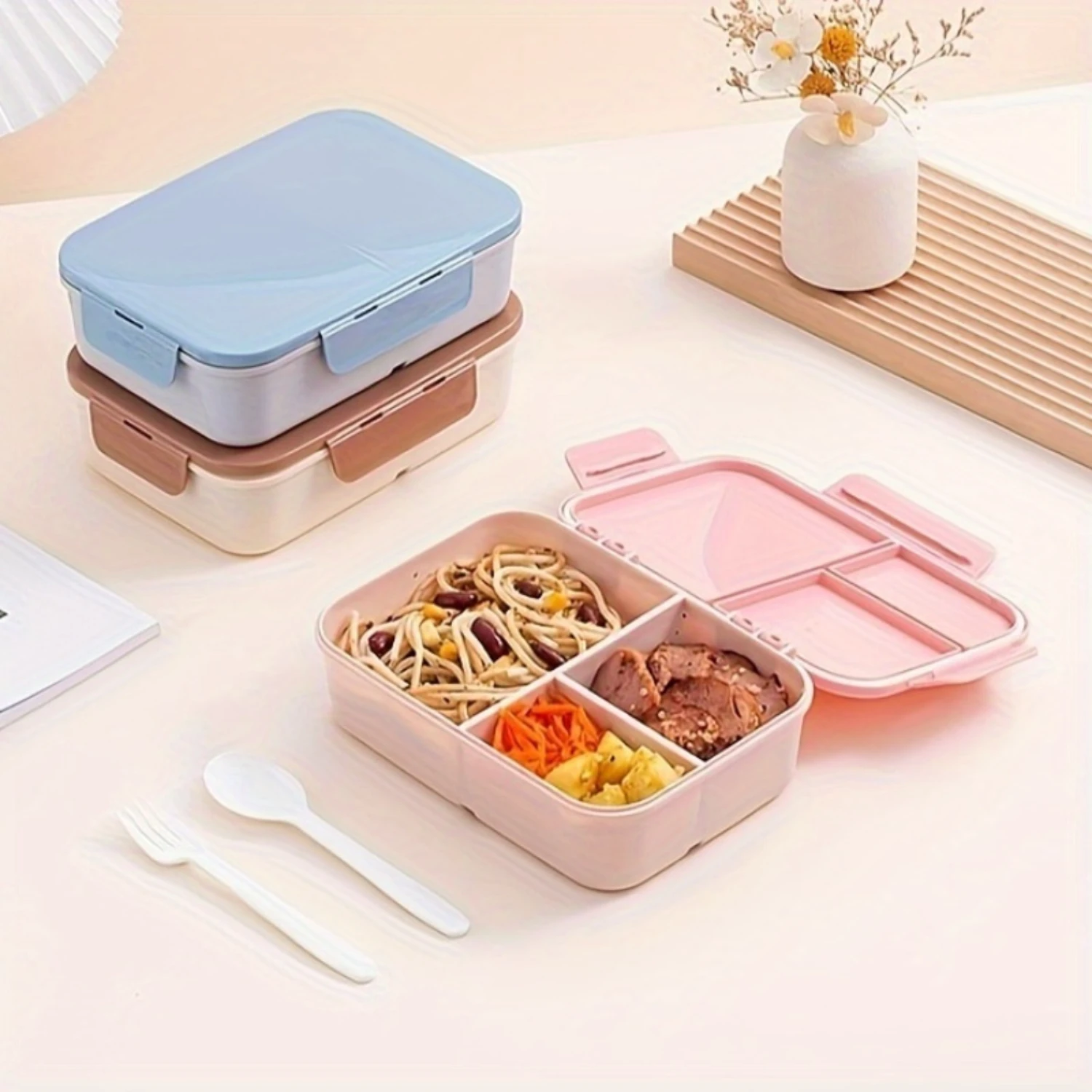 1pc Bento Box With Cutlery, Flap Divided Lunch Box, Microwaveable Bento Box, Sealed Leak-proof Lunch Box