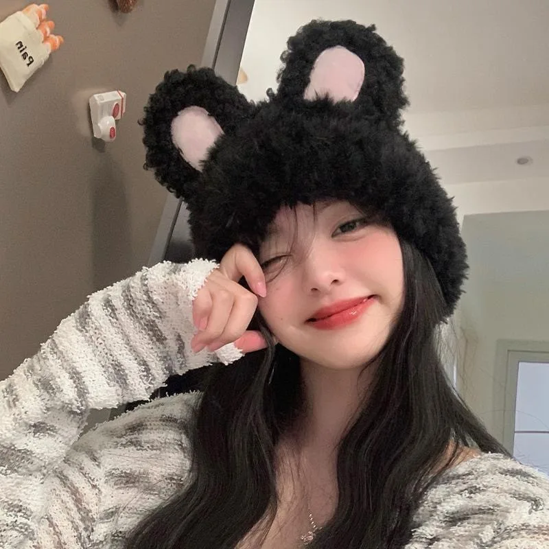 Women Cute Bunny Ear Plush Beanie Soft Fuzzy Fluffy Hat Winter Warm Ear Protection Knit Cap Sweet Outdoor Streetwear Headwear