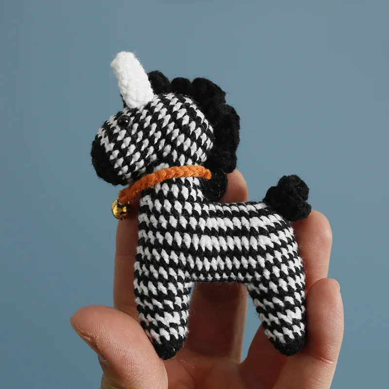 Houndstooth Unicorn Keychain with Bell, Handmade Fabric Mini Pony Bag Pendant Cute Animal Key Ring Gift