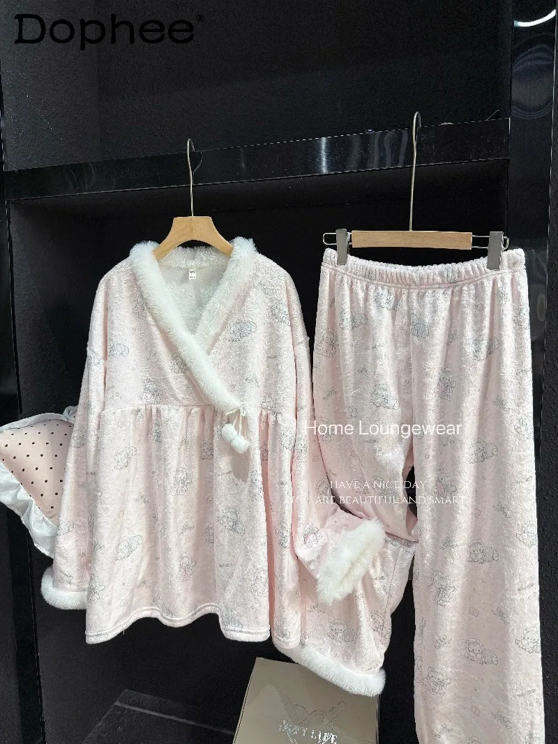 

Новинка 2023 года, осенне-зимняя утолщенная тонкая пижама из кораллового флиса для женщин, милый милый теплый комплект домашней одежды в японском стиле