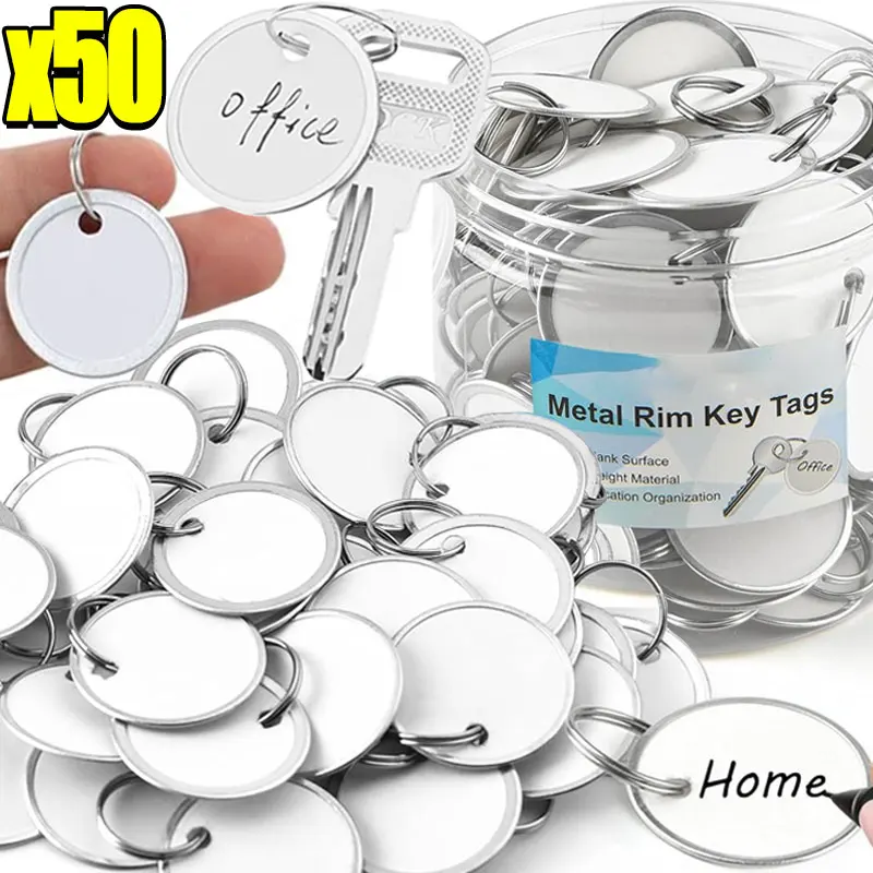 

10-50pcs Metal Rim Key Tags Round Writable Blank Paper Labels with Key Rings Identifiers Key Chains For Backpack Luggage Pet