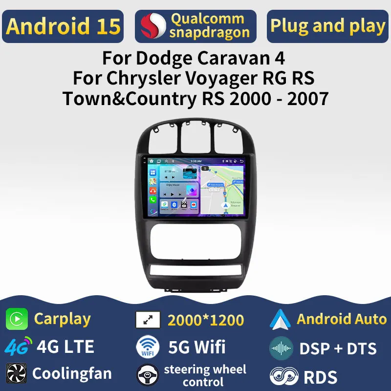 Radio para Auto Android 15 para Dodge Caravan 4, para Chrysler Voyager RG RS Town&Country RS 2000-2007, Carplay, GPS, Navegación, 2DIN