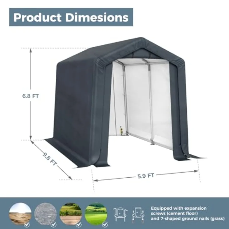 سقيفة تخزين خارجية محمولة مقاس 6 × 10 قدم مع باب وسحاب قابل للطي وفتحات للدراجات النارية ومخزن المعدات الخارجية #3