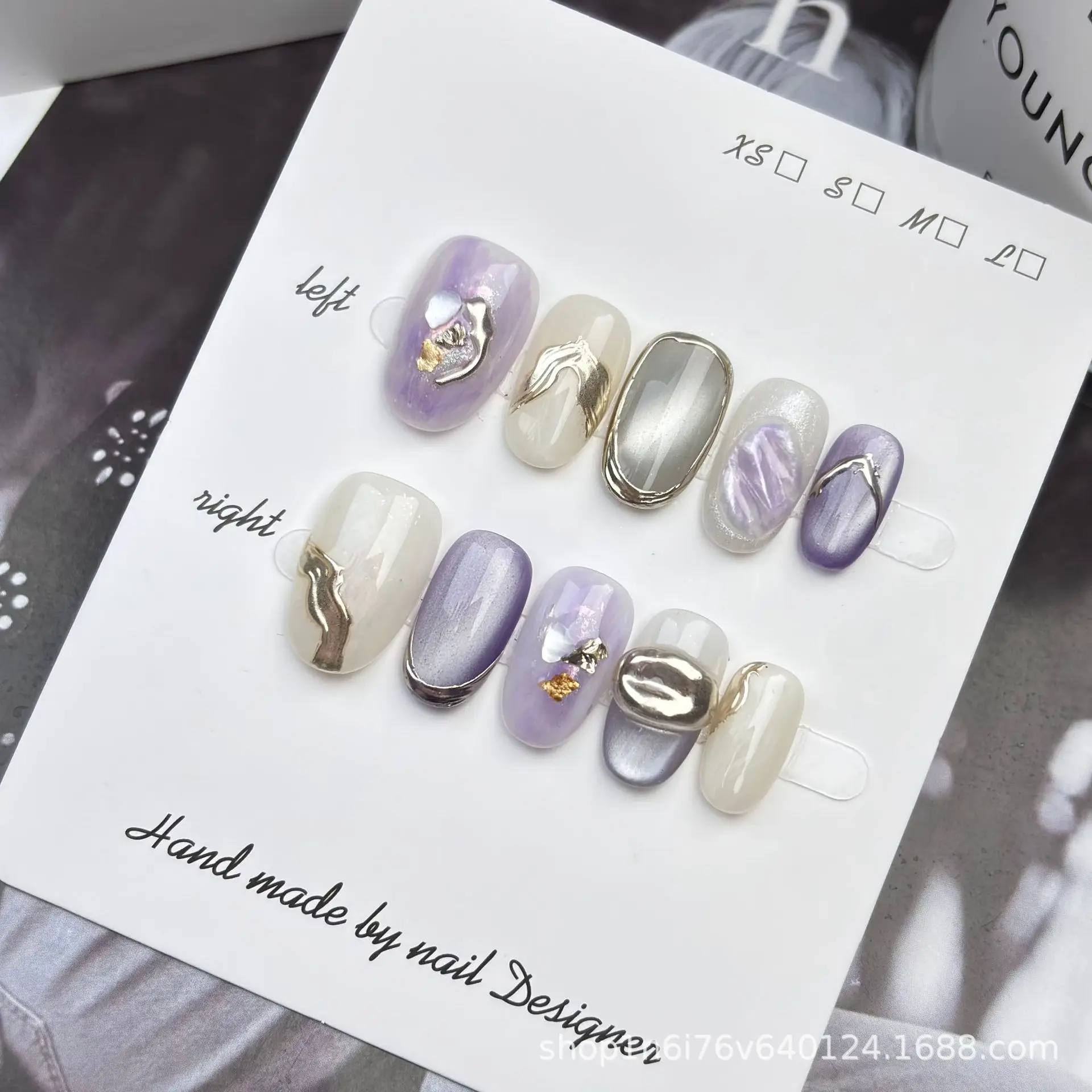 

10pcs Purple Velvet Pure Handmade Wearable Nails Premium Satin Cat Eye Manicure Removable Photo Relax Nail Pieces for Women