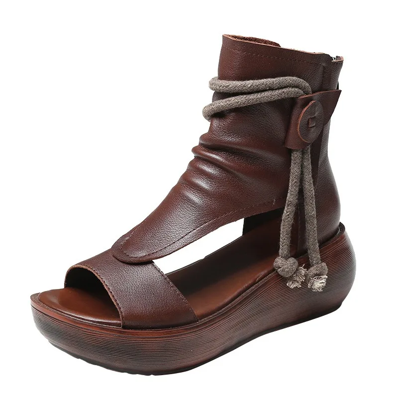 2024 New Hollow Women\'s Boot Wedges Roman Shoes Fish Mouth Sandals Retro Cool Boots PU Leather High Top Women Sandals on Offer