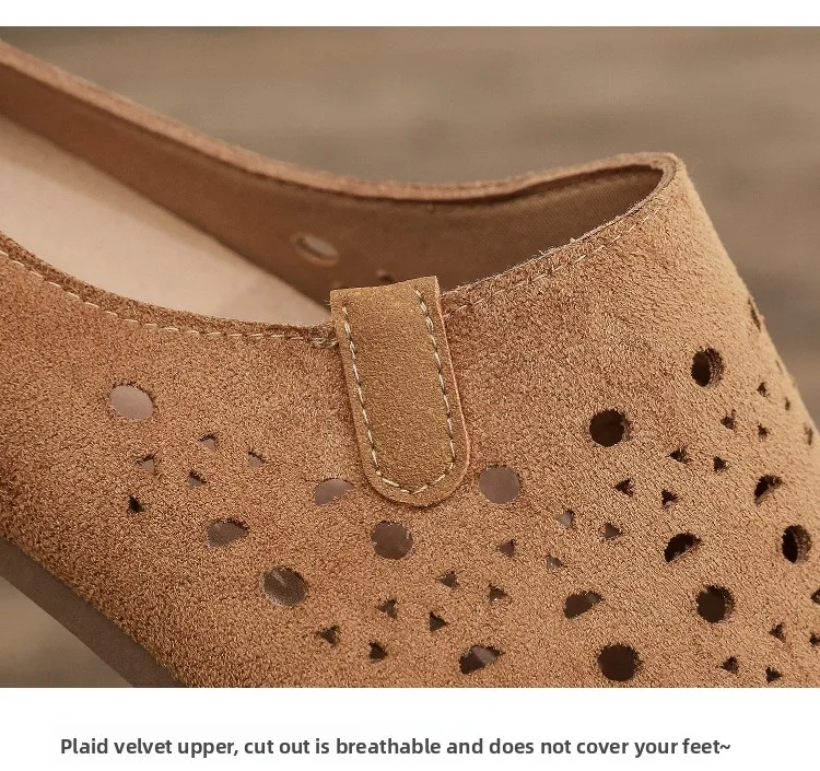 Damen-Mules mit Aussparungen, Clogs, Sommer, atmungsaktiv, geschlossene Zehenpartie, flache, rückenfreie Slipper, Wildleder, Slip-On, lässige Outdoor-Schuhe – Detail 3