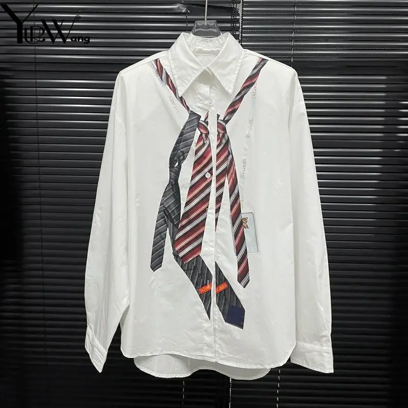 

GetSpring Women Shirt 2025 Summer Tie Printed Striped Blouse Fashion All Match Full Sleeve Loose Casual Shoulder Padded Tops New