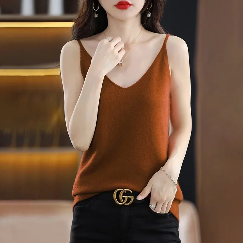 Spring Summer Women Camis Tops Solid Casual Knitted Tops Sexy V-neck Bottoming Tank Tops 2024 Knit Fashion Korean Tank Top