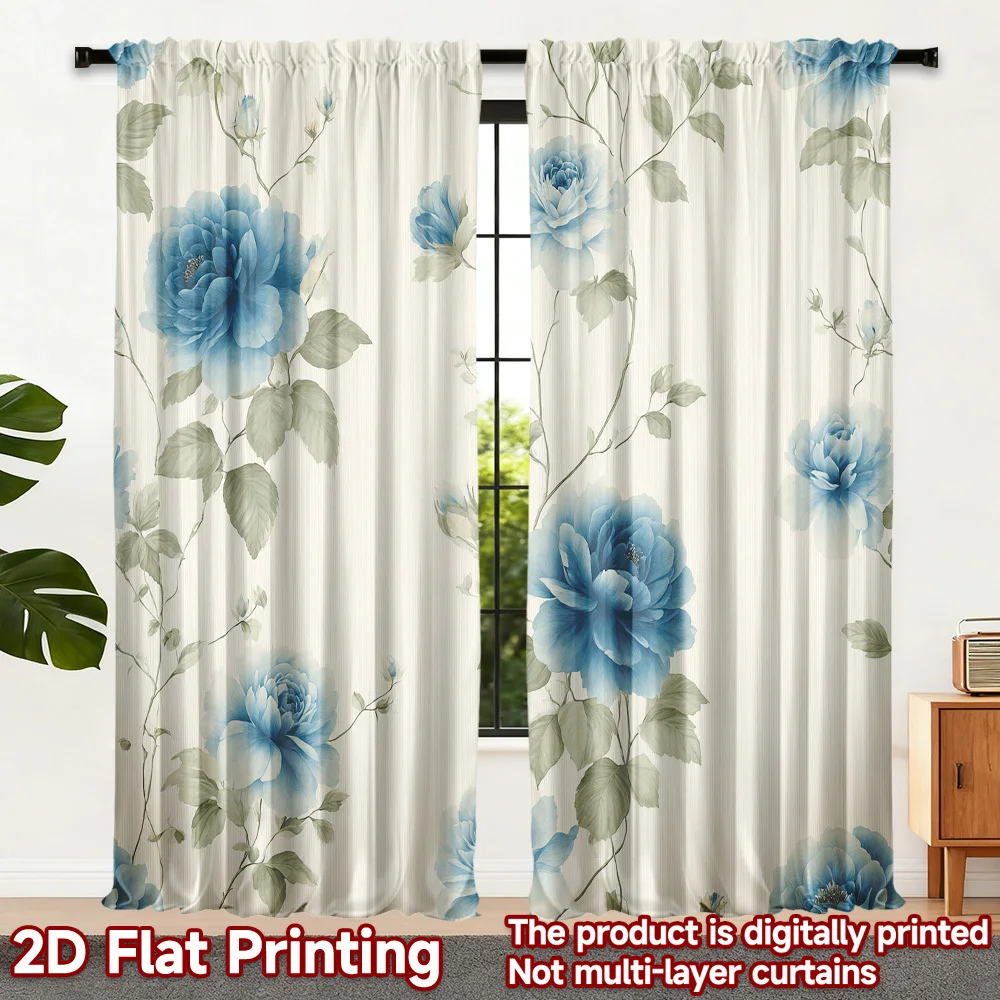 Beautiful Blue Floral Peony Print Curtains 2pcs Living Room Window Curtains Botanical Watercolor Curtain Panels Home Decor Bed C
