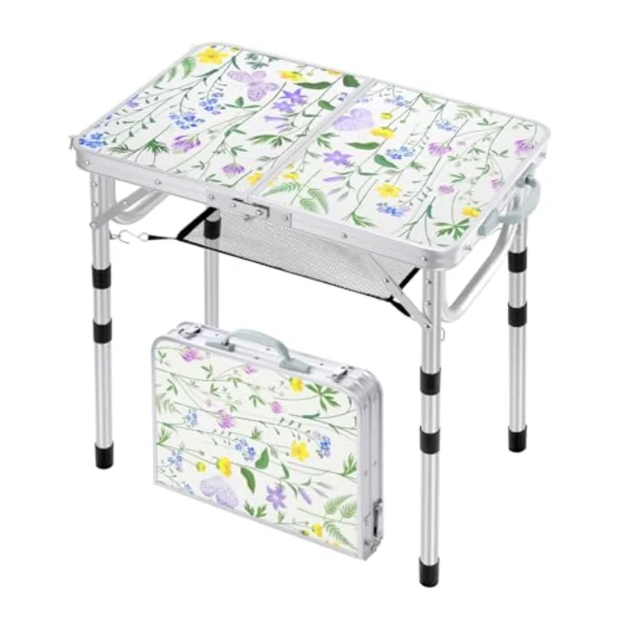 

Camping Table:Small Folding Table Portable Table 23.6" L X 15.7" W 4 Height with Mesh Layer- Adjustable Height Outdoor Table fo