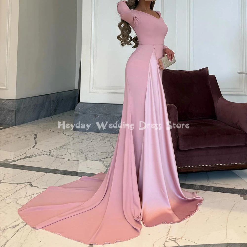 

Heyday Women's Crepe V Neck Mermaid Floor-Length Saudi Evening Dresses Long Sleeves With Court Train Elegant Party Dresses 2025