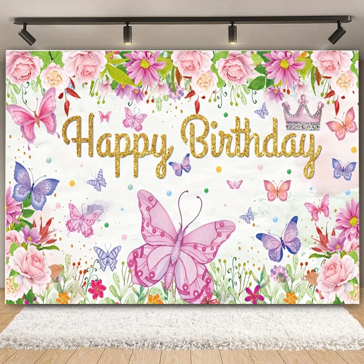 Cartoon Pink Purple Butterfly Birthday Party Backdrops Girl First Birthday Party Flower Gold Dots Baby Shower Wedding Decoration