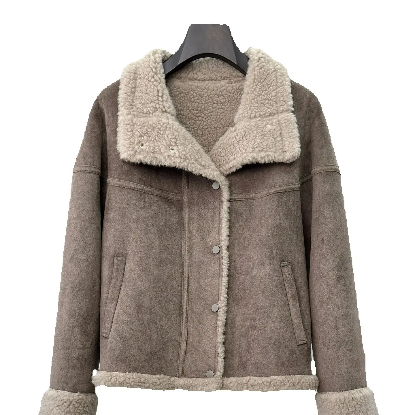 

Женская шуба Haining гранулированного кроя из овчины, короткий стиль, новинка зимы 2025 года, новый воротник-стойка из овчины и мех со встроенным мехом