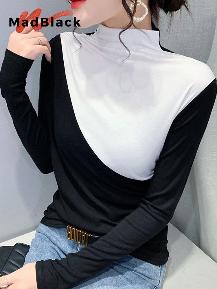 

MadBlack Autumn European Clothes Tshirts Female Sexy Turtlenecks Patchwork Slim Modal Tops Long Sleeve Basic Tees T36330JC