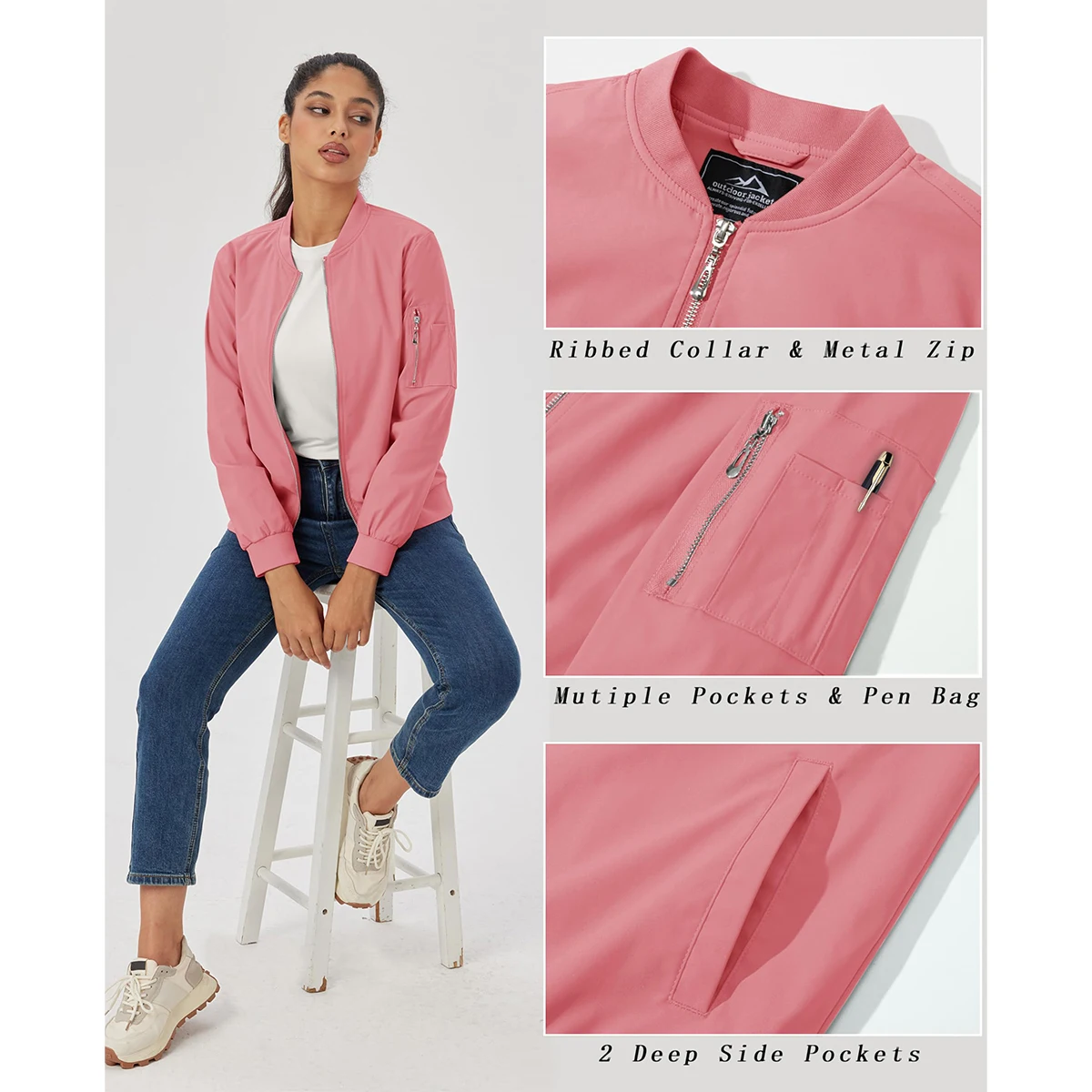 MAGCOMSEN Giacca da aviatore da donna con zip intera Giacca a vento casual Primavera Autunno Giacca bomber leggera Capispalla da viaggio impermeabile