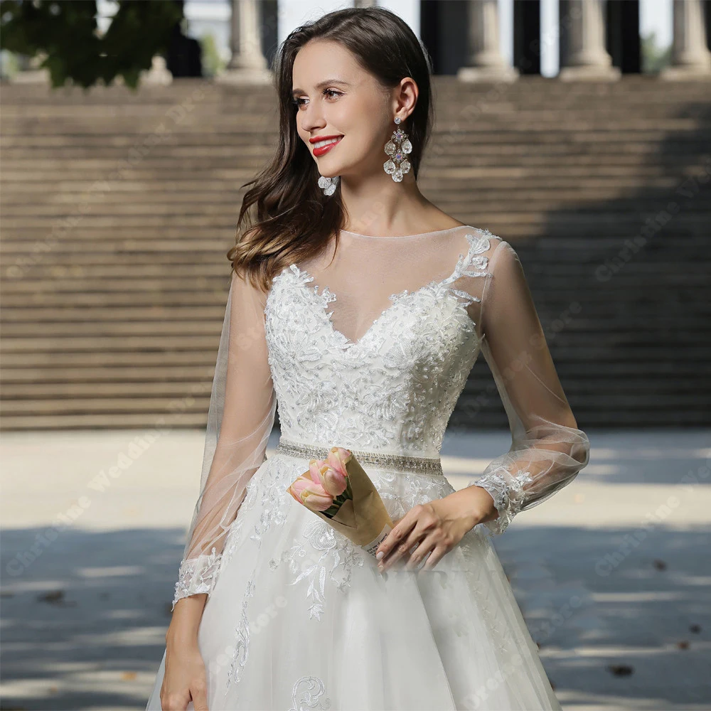 Mangas compridas femininas tule vestidos de noiva, renda sexy, comprimento de esfregar, vestidos de casamento, roupões formais de festa na praia, alta qualidade, 2024